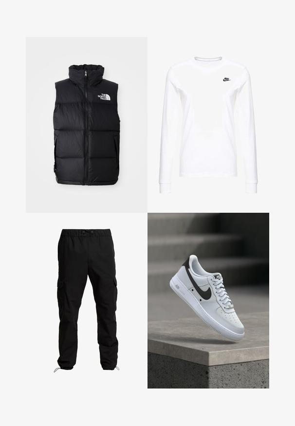 Schwarze Steppweste mit hohem Kragen, Frontreißverschluss und The North Face-Logo. Verfügt über eine gesteppte Textur und seitliche Taschen.; Weißes Langarm-T-Shirt aus Baumwolle mit kleinem schwarzem Nike-Logo auf der linken Brust und rundem Halsausschnitt. Glatte Textur.; Schwarze Cargo-Hosen aus strapazierfähigem Stoff, mit elastischem Bund, verstellbaren Kordeln und Seitentaschen mit Klappen.; Weißer Nike Air Force 1 Sneaker mit schwarzem Swoosh-Logo, der über einer Betonvorsprung mit unscharfen Treppen im Hintergrund schwebt.