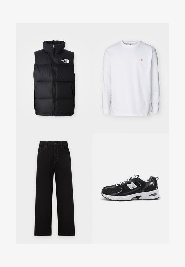 Sort puffer vest med høj krave, frontlynlås og The North Face-logo. Har en quiltet tekstur og sidelommer.; Hvid langærmet t-shirt lavet af bomuld. Har et lille gyldent logo på brystet og en rund halsudskæring. Enkel design og standard pasform.; Sorte denimbukser med lige pasform, der har frontlommer, kontrastgule syninger og en knaplukning i taljen.; Sorte og grå sportssko med mesh og ruskind på overdelen, der har en hvid mellemsål, snørebånd og et iøjnefaldende "N" logo på siden.