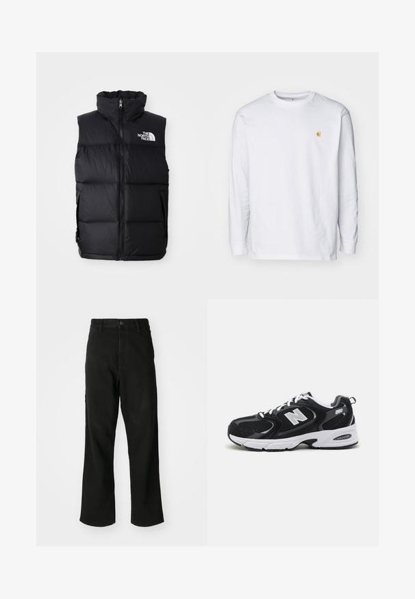 Chaleco acolchado negro con cuello alto, cremallera frontal y el logo de The North Face. Presenta una textura acolchada y bolsillos laterales.; Camiseta de manga larga blanca de algodón. Cuenta con un pequeño logo dorado en el pecho y un cuello redondo. Diseño simple y corte estándar.; Vaqueros negros de pierna recta con cierre de botón, pasadores para cinturón y bolsillos frontales sobre un fondo blanco liso.; Zapatillas deportivas en negro y gris con parte superior de malla y ante, que cuentan con una entresuela blanca, cordones y un llamativo logo "N" en el lateral.
