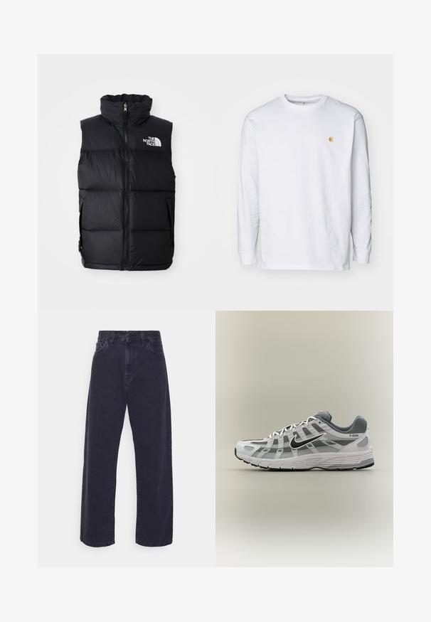 Sort puffer vest med høj krave, frontlynlås og The North Face-logo. Har en quiltet tekstur og sidelommer.; Hvid langærmet t-shirt lavet af bomuld. Har et lille gyldent logo på brystet og en rund halsudskæring. Enkel design og standard pasform.; Mørk vaske denim jeans med en bred ben silhuet, høj talje og fem-lomme design. Har en klassisk knap- og lynlåslukning.; Hvid og grå Nike P-6000 sneaker med sort swoosh, meshpaneler og tekstureret sål, vist i sideprofil på neutral baggrund.