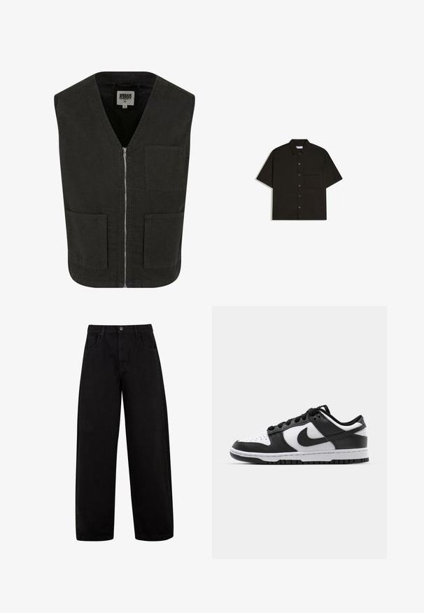 Sort ærmeløs vest lavet af økologisk bomuld, med V-hals, lynlåslukning foran og to sidelommer. Minimalistisk design.; Sort kortærmet skjorte med knapper, krave og enkelt brystlomme med klap på hvid baggrund.; Sorte brede jeans lavet af denim, med forlommer, knaplukning og et rent, minimalistisk design uden synlige mønstre.; Sort og hvid Nike Dunk sneakers med læderoverdel, perforeret tå, sorte snørebånd og en sort gummisål med slidbanedesign.