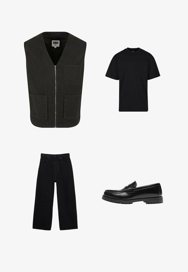 Sort ærmeløs vest lavet af økologisk bomuld, med V-hals, lynlåslukning foran og to sidelommer. Minimalistisk design.; Sort T-shirt med korte ærmer og rund hals, afslappet pasform, ensfarvet design uden synlige logoer eller mønstre.; Sorte vidde-ben denimjeans med knaplukning foran, lynlås, bæltestropper og klassisk styling med fem lommer.; Sort læderloafer med en kraftig gummisål og klassiske penny-strap detaljer, vist fra ydersiden.