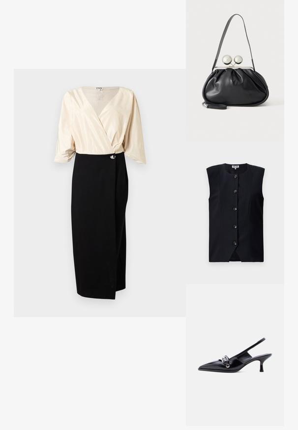 Chaleco sin mangas de color navy con corte recto, rayas verticales y seis botones en la parte delantera, con un escote redondo y una ligera abertura en la parte inferior.; Blusa estilo cruzado en color crema con mangas tres cuartos combinada con falda midi negra de talle alto que presenta una superposición frontal asimétrica y botón plateado.; Zapato de charol negro con talón bajo tipo slingback, punta puntiaguda y detalle de hebilla plateada sobre fondo blanco liso.; Bolso de mano de cuero negro con diseño fruncido, una sola correa, marco metálico plateado y dos cierres grandes redondos de plata.