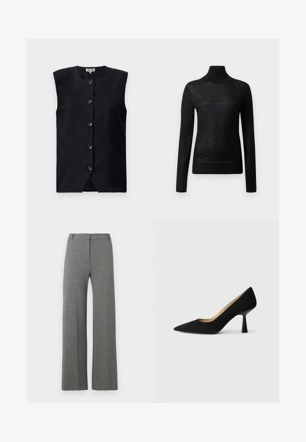 Marineblauer ärmelloser Weste mit geradem Schnitt, vertikalen Nadelstreifen und sechs Vorderknöpfen, runder Halslinie und einem leichten Schlitz am Boden.; Schwarzes Langarm-Turtleneck-Oberteil aus leichtem Stoff, mit taillierter Passform und minimalen Nahtdetails, ideal zum Lagenlook.; Graue weit geschnittene Hosen aus strukturiertem Stoff, mit einem vorderen Knopfverschluss und zwei Seitentaschen. Klassisches, lässiges Design.; Schwarze Wildleder-Pumps mit hohem Absatz und spitzer Zehenform, ausgestattet mit einem glänzenden schwarzen Blockabsatz und einem glatten Innenfutter.
