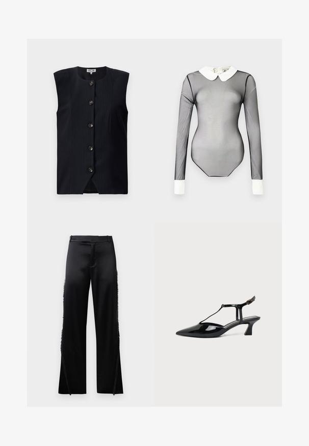 Marineblauer ärmelloser Weste mit geradem Schnitt, vertikalen Nadelstreifen und sechs Vorderknöpfen, runder Halslinie und einem leichten Schlitz am Boden.; Schwarzer, transparenter Bodysuit mit langen Ärmeln und weißem Kragen. Verfügt über eine glatte Textur und eine körpernahe Passform. Mit Verschluss auf der Rückseite.; Schwarze Satin-Hosen mit weitem Bein, die Fransenverzierungen entlang der Seitennähte und einen flachen, elastischen Bund haben. Rückseite schlicht ohne Taschen.; Schwarzer Slipper aus Lackleder mit spitz zulaufender Kappe, T-Riemen und niedrigem, schrägem Blockabsatz vor weißem Hintergrund.