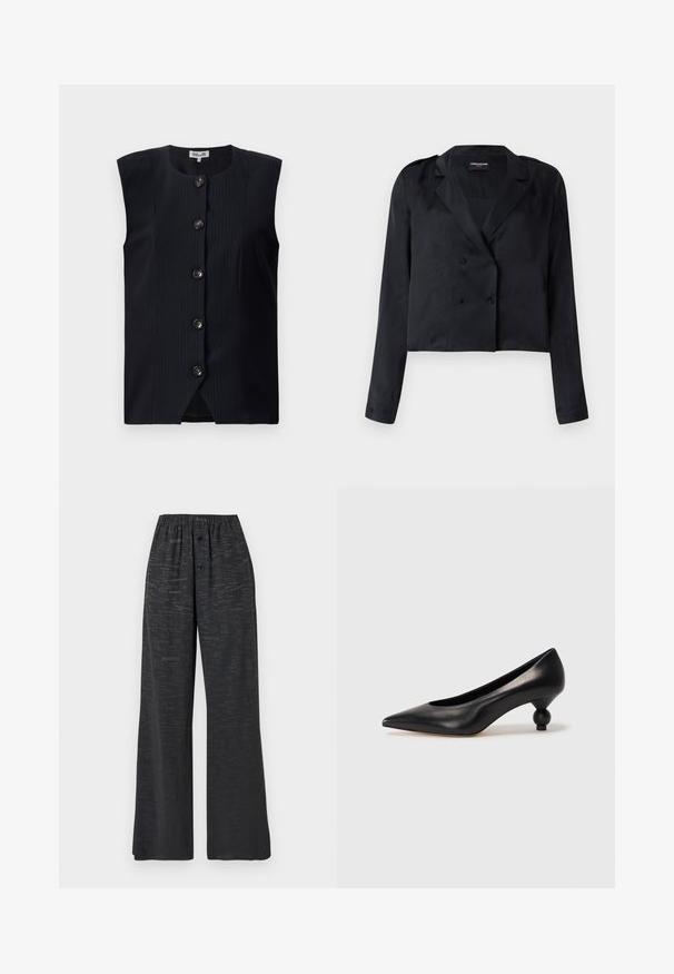 Mørkeblå ærmeløs vest med lige snit, lodrette striber og seks knapper foran, med en rund halsudskæring og en let slids i bunden.; Sort croppet blazer med satinfinish, dobbeltradede knapper, hakket krave og lange ærmer. Har en glat tekstur og et minimalistisk design.; Sorte bukser med vide ben, elastisk talje, to forreste knapper og et subtilt mønster af tekst over det hele.; Sort læder høje hæle med spids tå og rund, kugleformet hæl. Glat tekstur med et stilrent, minimalistisk design.