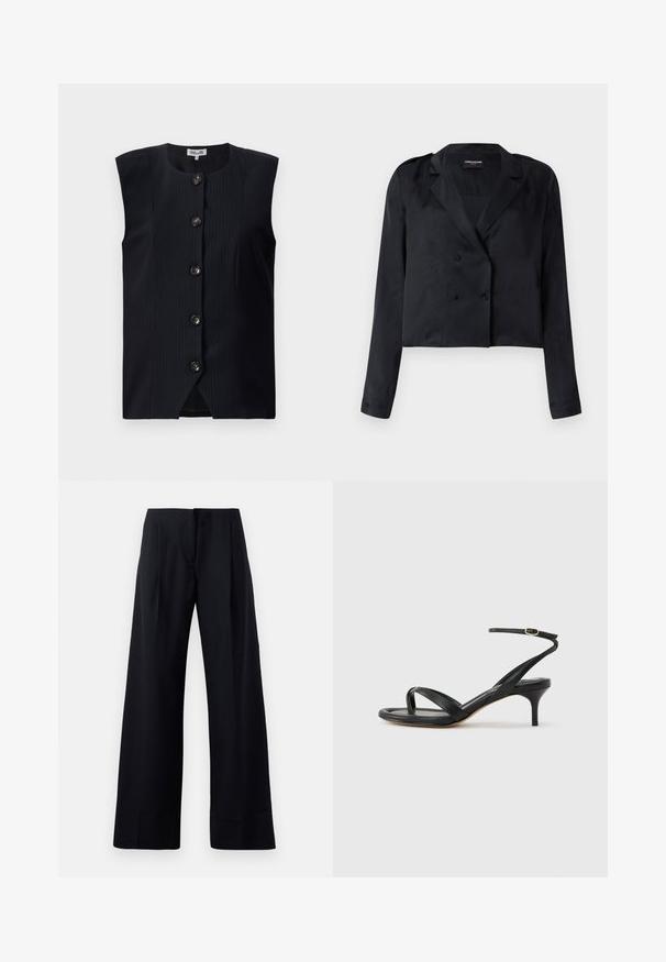 Marineblauer ärmelloser Weste mit geradem Schnitt, vertikalen Nadelstreifen und sechs Vorderknöpfen, runder Halslinie und einem leichten Schlitz am Boden.; Schwarzer, kurz geschnittener Blazer mit Satin-Finish, doppelreihigen Knöpfen, Reverskragen und langen Ärmeln. Verfügt über eine glatte Textur und ein minimalistisches Design.; Schwarze, gestreifte Hose mit weitem Bein, die scharfe Falten und einen sauberen Abschluss aufweist. Hergestellt aus einem glatten, leichten Stoff.; Schwarze Ledersandale für Damen mit dünnen Riemchen, einer Zehenlasche, einer Knöchelschnalle und einem mittelhohen Stöckelabsatz vor neutralem Hintergrund.