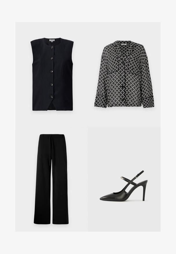 Chaleco sin mangas de color navy con corte recto, rayas verticales y seis botones en la parte delantera, con un escote redondo y una ligera abertura en la parte inferior.; Camisa de patrón en blanco y negro con cuello, bolsillos frontales y botones. Presenta un diseño geométrico de líneas cruzadas sobre una tela ligera.; Pantalones anchos de color negro, fabricados en un tejido suave, con cintura elástica y cordón, textura lisa y sin bolsillos ni estampados visibles.; Tacones altos slingback de cuero negro con punta afilada, diseño con recortes y correa ajustable con herrajes metálicos.
