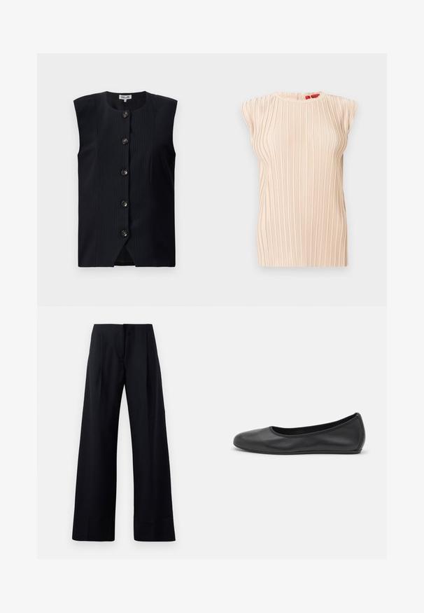 Chaleco sin mangas de color navy con corte recto, rayas verticales y seis botones en la parte delantera, con un escote redondo y una ligera abertura en la parte inferior.; Blusa sin mangas beige plisada con escote redondo y textura vertical sutil, mostrada sobre un fondo blanco.; Pantalones negros con rayas en pinstripe y un diseño de pierna ancha, que presentan pliegues marcados y un acabado limpio. Fabricados con una tela suave y liviana.; Bailarina de piel negra con punta redondeada, textura suave, detalle de costura minimalista y diseño de suela flexible.