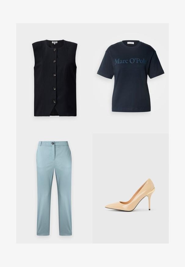 Mørkeblå ærmeløs vest med lige snit, lodrette striber og seks knapper foran, med en rund halsudskæring og en let slids i bunden.; Marc O'Polo SHORT SLEEVE ROUND NECK RELAXED FIT LOGO TEE - T-shirts basic - deep blue sea; Lyseblå skræddersyede bukser med foran knap, bæltestropper og lige ben mod en ensfarvet baggrund.; Beige laklæder pumps med høje hæle, spids tå og slank stiletthæl, med en lille guldaccent bagpå.