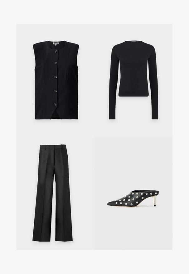 Chaleco sin mangas de color navy con corte recto, rayas verticales y seis botones en la parte delantera, con un escote redondo y una ligera abertura en la parte inferior.; Top corto ajustado negro de manga larga con escote redondo, hecho de tela de punto acanalada, mostrado sobre un fondo liso gris claro.; Pantalones negros de pierna ancha con textura suave, presentan un frente plano, dos bolsillos laterales y una cintura entallada con presillas para cinturón.; STAND STUDIO KELSEY - Mules de tacón - black
