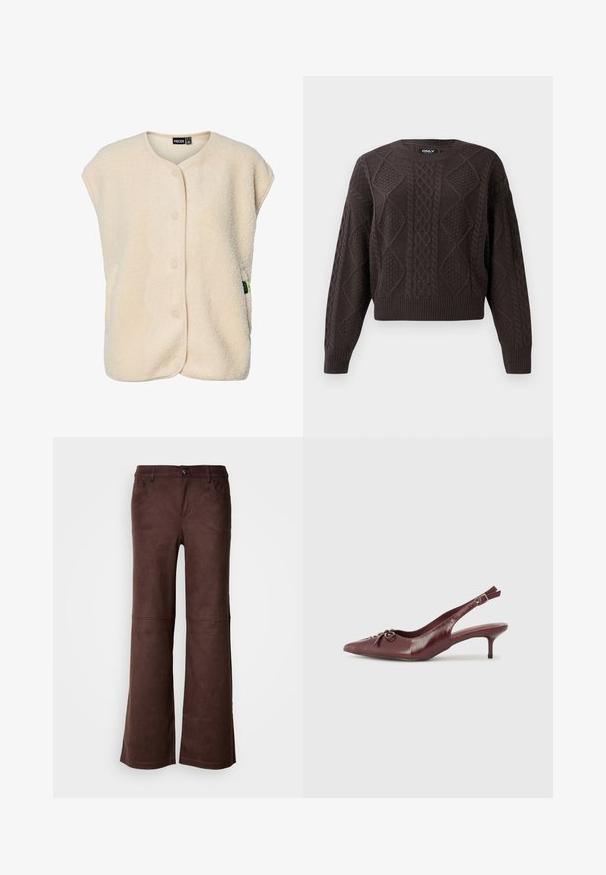 Flødefarvet, ærmeløs fleecevest med trykknapper foran og rund halsudskæring, med et lille mærke fra mærket på siden.; Mørkebrun kabelstrikket sweater med diamant- og fletmønstre, rund hals, samt ribbede manchetter og kant.; Brune flagrende bukser i et blødt, suede-lignende stof. Har fire lommer, en knaplukning og en glat, tekstureret overflade.; Bordeaux læder slingback hæl med spidse tå, justerbar rem og dekorativ sløjfedetalje foran. 7,5 cm hælhøjde.