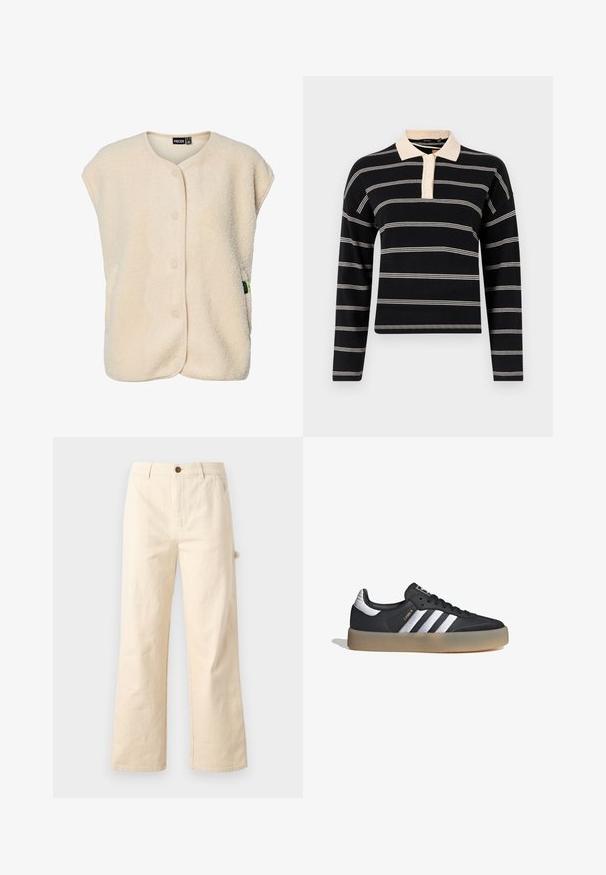 Chaleco sin mangas de forro polar color crema con botones a presión en la parte delantera y cuello redondeado, con una pequeña etiqueta de la marca en el lateral.; Camisa polo negra de manga larga con rayas horizontales crema, con un cuello crema y tapeta de tres botones. Tejido de punto suave.; Pantalones de pierna ancha en color beige, hechos de algodón, con cierre de botón, que cuentan con bolsillos laterales y un diseño limpio y minimalista.; Zapatilla deportiva de cuero negro con tres rayas plateadas, punta texturizada y suela de goma. Cuenta con un collar acolchado y un diseño con cordones.