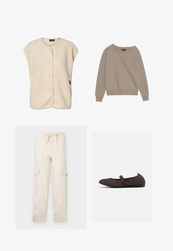 Flødefarvet, ærmeløs fleecevest med trykknapper foran og rund halsudskæring, med et lille mærke fra mærket på siden.; Beige langærmet sweatshirt med en bred udskæring og ribbede manchetter. Blødt stof, afslappet pasform, har minimale sømme og ingen mønstre.; Beige cargo bukser med snøre i taljen, udstyret med to sidelommer og syede detaljer. Fremstillet af letvægts bomuldsstof.; Brun balletsko med elastisk rem og rundet tå, vist mod en hvid baggrund, sideudsigt.