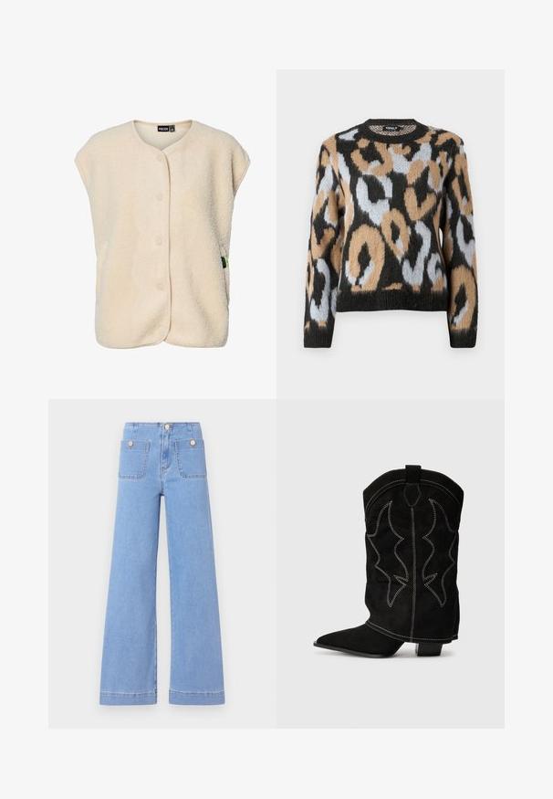 Flødefarvet, ærmeløs fleecevest med trykknapper foran og rund halsudskæring, med et lille mærke fra mærket på siden.; Sweater med leopardmønster, rund halsudskæring, lange ærmer og en blanding af sorte, brune og lyseblå farver med struktureret strikstof.; Lysblå vide jeans med høj talje, to baglommer og guldtonede knapper. Lavet af denim med en glat overflade og rent finish.; Sort ruskind cowboystøvle med spidse tæer, lav hæl og dekorativ hvid syning, der har et flammeagtigt mønster på skaftet.
