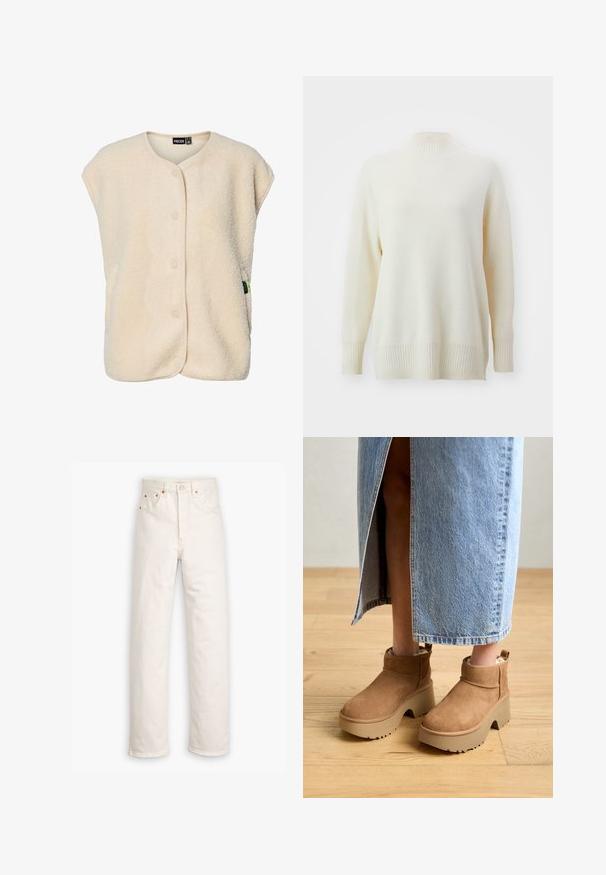 Chaleco sin mangas de forro polar color crema con botones a presión en la parte delantera y cuello redondeado, con una pequeña etiqueta de la marca en el lateral.; Jersey de cuello alto color crema con un cuello y puños de canalé. Textura suave, corte holgado y aberturas en los laterales del dobladillo. Confeccionado en un tejido ligero.; Jeans de mezclilla blanca con un diseño de pierna recta, estilo de cinco bolsillos y detalles de hardware en color cobre. Acabado sin dobladillo en los tobillos.; Botas de tobillo de ante marrón con una gruesa suela de plataforma beige. Presentan una punta redonda, un puño corto y un forro suave para mayor comodidad.