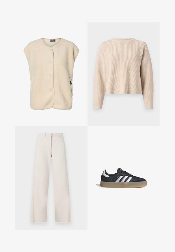 Chaleco sin mangas de forro polar color crema con botones a presión en la parte delantera y cuello redondeado, con una pequeña etiqueta de la marca en el lateral.; Suéter beige de punto con cuello redondo, mangas largas y un corte relajado. Presenta una textura acanalada y un dobladillo corto.; Vaqueros de pernera ancha en algodón color crema con cintura alta, cinco bolsillos y detalle de dobladillo deshilachado. Textura suave y color neutro.; Zapatilla deportiva de cuero negro con tres rayas plateadas, punta texturizada y suela de goma. Cuenta con un collar acolchado y un diseño con cordones.