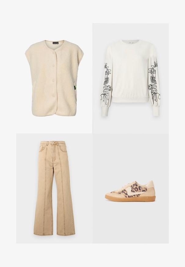 Flødefarvet, ærmeløs fleecevest med trykknapper foran og rund halsudskæring, med et lille mærke fra mærket på siden.; Hvid langærmet sweatshirt med sort abstrakt blomsterbroderi på ærmerne samt ribbede manchetter og kant.; Beige brede ben jeans med høj talje, fem lommer og kontrasterende syninger for ekstra detaljer. Bomuldsstof med en glat tekstur.; Leopardprint sneakers med beige ruskindsoverdel, tan gummisål og hvide detaljer. Rund pegefinger og snørebåndsdesign med en tekstureret finish.