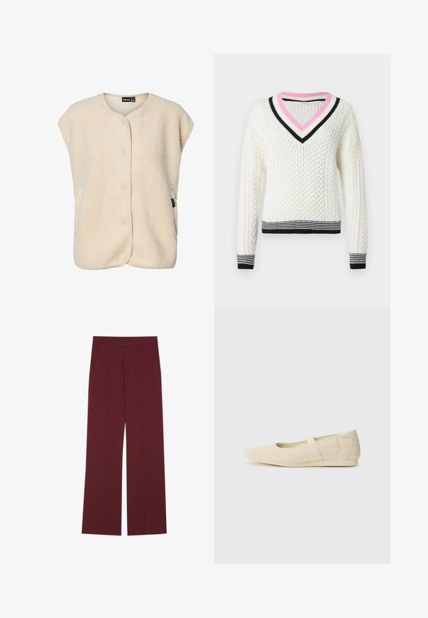 Chaleco sin mangas de forro polar color crema con botones a presión en la parte delantera y cuello redondeado, con una pequeña etiqueta de la marca en el lateral.; Suéter de punto grueso color crema con cuello en V, con ribete acanalado a rayas rosa y negro y franjas horizontales en contraste en negro y blanco en el dobladillo.; Pantalones burdeos con un diseño de pierna ancha, que cuentan con un cierre de botón, dos bolsillos laterales y detalles de pliegues en la parte frontal. Textura de tela suave.; Bailarinas beige con un exterior de cuero liso, punta en forma de almendra y una correa elástica en el empeine, con detalles de costura sutiles.