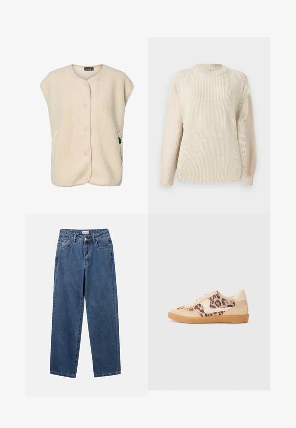 Flødefarvet, ærmeløs fleecevest med trykknapper foran og rund halsudskæring, med et lille mærke fra mærket på siden.; Chunky-strikket cremefarvet sweater med rund halsudskæring, forlængede ærmer og en tekstureret finish. Har diskret ribstrik og en afslappet pasform.; Klassiske blå denimbukser med lige ben, fem lommer og knaplukning. Har en medium vask og en robust tekstur.; Leopardprint sneakers med beige ruskindsoverdel, tan gummisål og hvide detaljer. Rund pegefinger og snørebåndsdesign med en tekstureret finish.