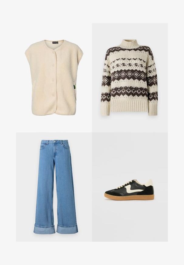 Kreemivärviline varrukateta fliisvest, millel on esiküljel trukid ja ümar kaelus ning küljes väike brändisilt.; Vero Moda Knitted VMAMPLE Knitted - Džemper - birch; Heledad sinine teksarihm, laiad jalad, kõrge vöökoht, keeratud servad, viie tasku disain ja nööpkinnitus koos tõmblukuga.; Must musta ja nahast sneakersid, millel on koorevärvi külgsuund ja hele koorik. Omab beeži paelu ja kummi kummist välistalla.