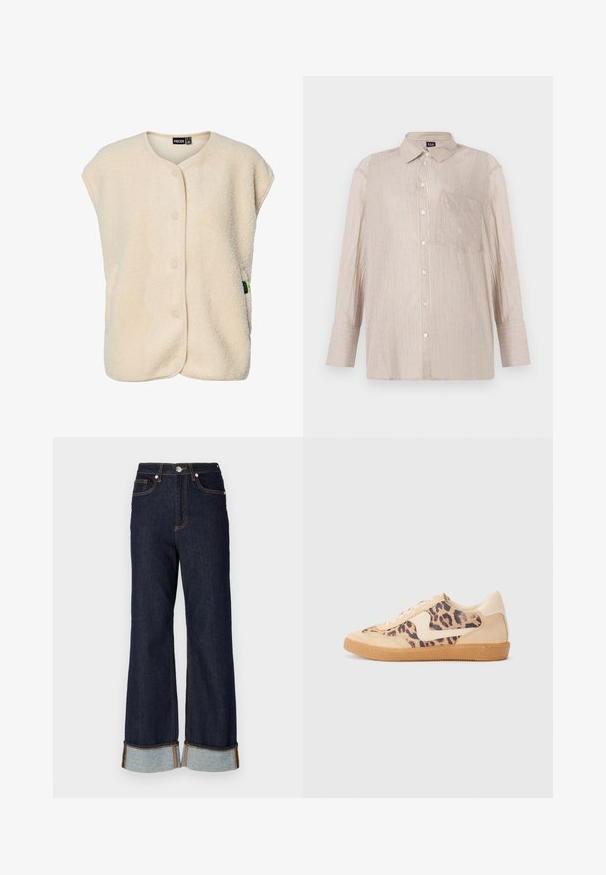 Chaleco sin mangas de forro polar color crema con botones a presión en la parte delantera y cuello redondeado, con una pequeña etiqueta de la marca en el lateral.; Camisa de botones a rayas en beige con líneas blancas y azules, con cuello y un bolsillo en el pecho; mangas largas con puños abotonados.; Jeans de mezclilla oscura de pierna ancha con dobladillo sin terminar, costuras naranjas en contraste y dos bolsillos delanteros; los puños enrollados revelan mezclilla más clara debajo.; Zapatillas de leopardo con parte superior de ante beige, suela de goma marrón y acentos blancos. Punta redonda y diseño con cordones con un acabado texturado.