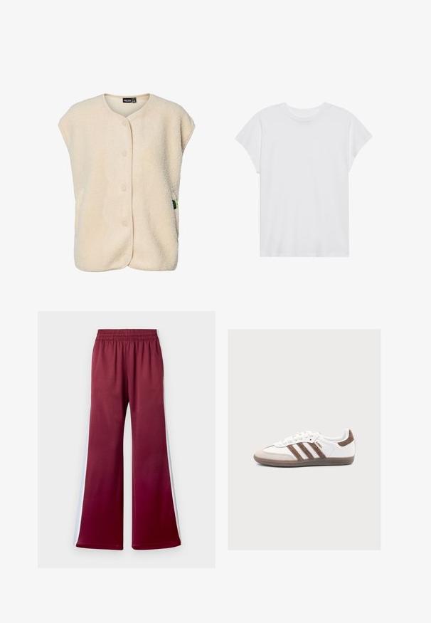 Chaleco sin mangas de forro polar color crema con botones a presión en la parte delantera y cuello redondeado, con una pequeña etiqueta de la marca en el lateral.; Camiseta blanca de manga corta con cuello redondo, corte relajado, hecha de suave tela de algodón. Textura lisa, sin estampados ni logotipos.; Pantalones relajados color burdeos con cintura elástica, que presentan franjas laterales blancas y una textura de tela suave. Diseño de pierna ancha.; Zapatilla blanca Adidas Samba con franjas de ante marrón, puntera de ante marrón y suela de goma sobre un fondo gris claro.