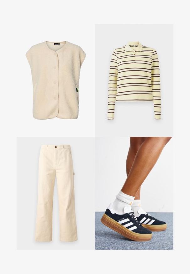 Flødefarvet, ærmeløs fleecevest med trykknapper foran og rund halsudskæring, med et lille mærke fra mærket på siden.; Langærmet polo-shirt i gul med vandrette brune og hvide striber, med en klassisk krave og tre-knaps placket.; Bredde-beige bukser lavet af bomuld med knaplukning, udstyret med sidelommer og et rent, minimalistisk design.; Ben iført hvide sokker og sorte Adidas Gazelle sneakers med hvide striber og tykke brune såler på et gråt tæppe.
