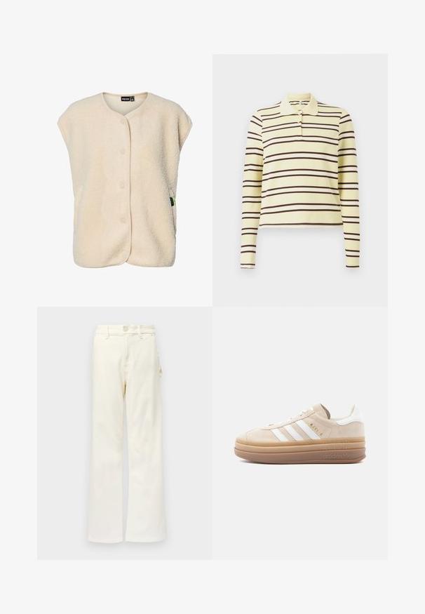 Chaleco sin mangas de forro polar color crema con botones a presión en la parte delantera y cuello redondeado, con una pequeña etiqueta de la marca en el lateral.; Polo de manga larga en amarillo con rayas horizontales marrones y blancas, que presenta un cuello clásico y una tapeta de tres botones.; Good American GOOD 90S CARPENTER - Pernera ancha - white denim; Zapatilla de ante beige con detalles en cuero blanco, que cuenta con tres franjas blancas, un logo dorado y una suela gruesa de goma translúcida.