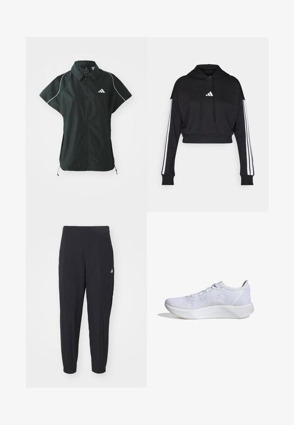 adidas Sportswear STADIUM COVER - Bodywarmer - black/off-white; Zwarte cropped hoodie met een voorste kangaroo zak, verstelbare trekkoorden en witte drie-strepen accenten op de mouwen. Bevat een logo.; Zwarte sportbroek gemaakt van een gladde stof. Tapervormig ontwerp met elastische boorden. Voorzien van een klein wit logo op de linkerheup.; Witte sportieve schoen met een ademend mesh bovenwerk, vetersluiting, gevoerde kraag en een gestructureerde rubberen zool voor grip.