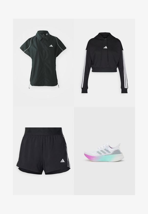 adidas Sportswear STADIUM COVER - Liivi - black/off-white; Mustat lyhythihaiset hupparit, joissa on etu kengurutasku, säädettävät nauhat ja valkoiset kolme viivaa hihassa. Mukana logo.; Mustat urheilushortsit, joissa on joustava vyötärö, jossa on teksturoitu nauha, sivuraidat ja valkoinen Adidas-logo alahelman kohdalla.; Valkoinen Adidas-juoksukenkä, jossa on harmaat raidat ja paksu pohja, joka siirtyy vaaleanpunaisesta vihreään, ja jossa lukee "Lightboost" ja "Ultraboost".