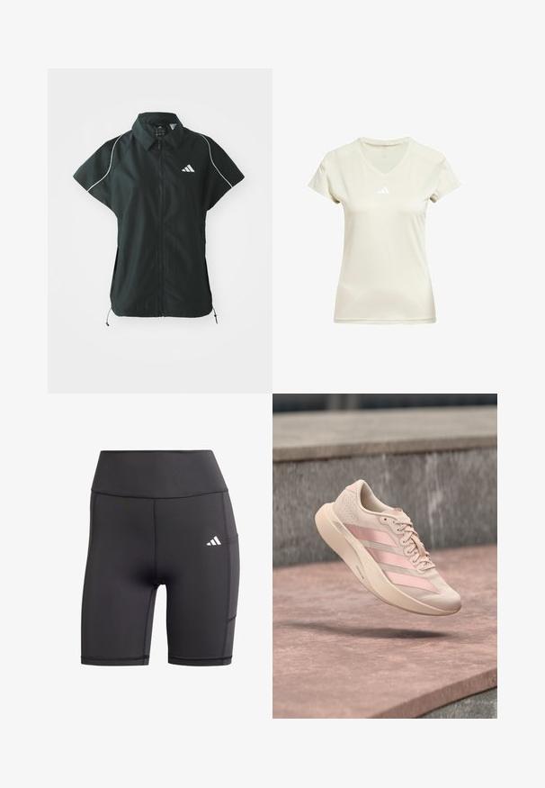 adidas Sportswear STADIUM COVER - Vesta - black/off-white; Tričká s výstrihom do V v svetlobéžovej farbe, krátke rukávy, s bielym logom Adidas na hrudi a s textúrovaným akcentom pozdĺž výstrihu.; Čierne športové šortky vyrobené z pružného materiálu, s vysokým pásom, plochými švami a bielym logom na ľavom boku.; Svetloružová teniska s tromi tmavšími ružovými pruhmi a šnúrkami, zavesená vo vzduchu nad kamenným povrchom a schodmi v pozadí.