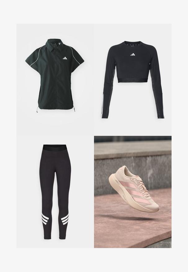 adidas Sportswear STADIUM COVER - Vesta - black/off-white; Čierny krátky športový top s dlhým rukávom vyrobený z hladkej textílie. Obsahuje biele logo na hrudi a pruhované detaily na rukávoch.; Čierne legíny vyrobené z elastického materiálu, s širokým pásom a tromi bielymi horizontálnymi pruhmi blízko dolnej časti nôh.; Svetloružová teniska s tromi tmavšími ružovými pruhmi a šnúrkami, zavesená vo vzduchu nad kamenným povrchom a schodmi v pozadí.