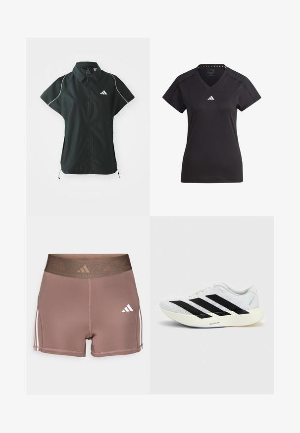 adidas Sportswear STADIUM COVER - Weste - black/off-white; Schwarzes Sport-T-Shirt mit V-Ausschnitt, kurzen Ärmeln und weißem Logo auf der Brust. Verfügt über einen strukturierten Kragen mit wiederholten dreieckigen Mustern.; Braune Sportshorts mit breitem, strukturiertem Bund. Verfügt über weiße Dreistreifen-Akzente entlang der Seiten und ein kleines weißes Logo.; Weißer Laufschuh mit schwarzem Drei-Streifen-Design an der Seite und dicker weißer Sohle mit der Aufschrift "Lightstrike Pro" auf einfarbigem Hintergrund.