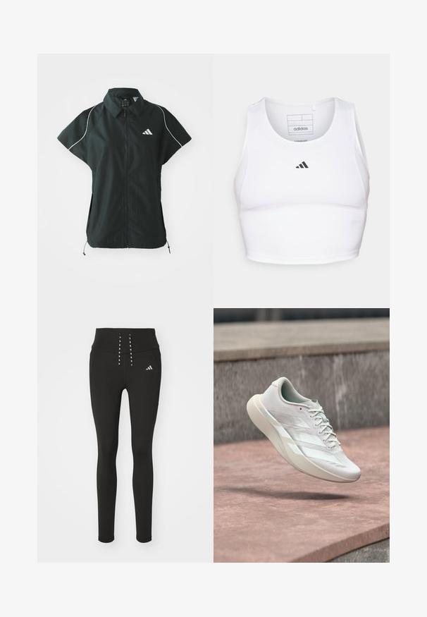 adidas Sportswear STADIUM COVER - Weste - black/off-white; Weißes sportliches Crop-Top aus leichtem, atmungsaktivem Material. Mit Mesh-Seitenpanelen und schwarzem, gesticktem Logo auf der Brust.; Schwarze Sportleggings mit hohem Taillenbund, ausgestattet mit stylishem Schnürdetail und subtiler Logo-Platzierung an der Seite. Glattes, dehnbares Material.; Weißer Sportschuh mit drei Streifen, schwebt in der Luft über einer rosa-gefärbten Betonsfläche vor einem grauen Stein-Hintergrund.