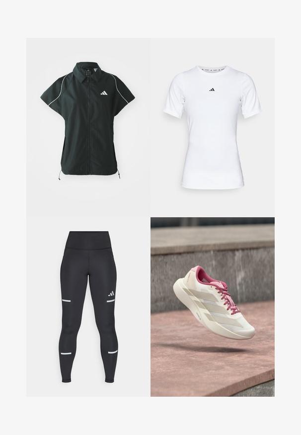 adidas Sportswear STADIUM COVER - Weste - black/off-white; Weißes Sportshirt mit kurzen Ärmeln, aus glattem, dehnbarem Stoff. Mit kleinem schwarzem Adidas-Logo auf der Brust.; Schwarze Leggings mit einem hohen Bund, aus glattem Material. Verfügt über weiße reflektierende Streifen in der Nähe der Knie und ein Adidas-Logo.; Hellbeiger und rosa Laufschuh mit gepolsterter Sohle, rosa Schnürsenkeln und drei beigen Streifen, die über einer Steinoberfläche schweben.