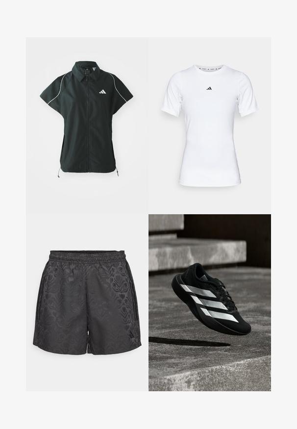 adidas Sportswear STADIUM COVER - Vest - black/off-white; Hvid atletisk skjorte med korte ærmer, lavet af glat, strækbart stof. Har et lille sort Adidas-logo på brystet.; adidas Sportswear TIRO - Korte sportsbukser - black; Sort løbesko med tre hvide striber, der svæver over betontrin og kaster en skygge nedenunder.