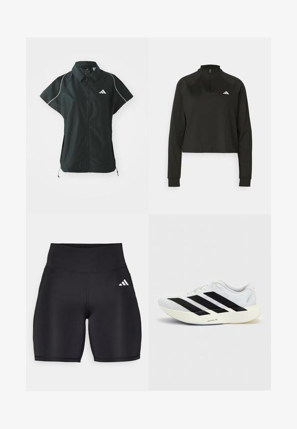 adidas Sportswear STADIUM COVER - Vesta - black/off-white; Čierny pulóver s krátkym zipsom, vyrobený z hladkého materiálu, dlhé rukávy, s vysokým golierom a bielym logom na ľavej hrudi.; Čierne športové šortky vyrobené z elastickej látky, s vysokým pásom, hladkou textúrou a bielym logom s tromi pruhmi na boku.; Biela bežecká topánka s čiernym dizajnom so tromi pruhmi na boku a hrubou bielou podrážkou označenou "Lightstrike Pro" na jednofarebnom pozadí.