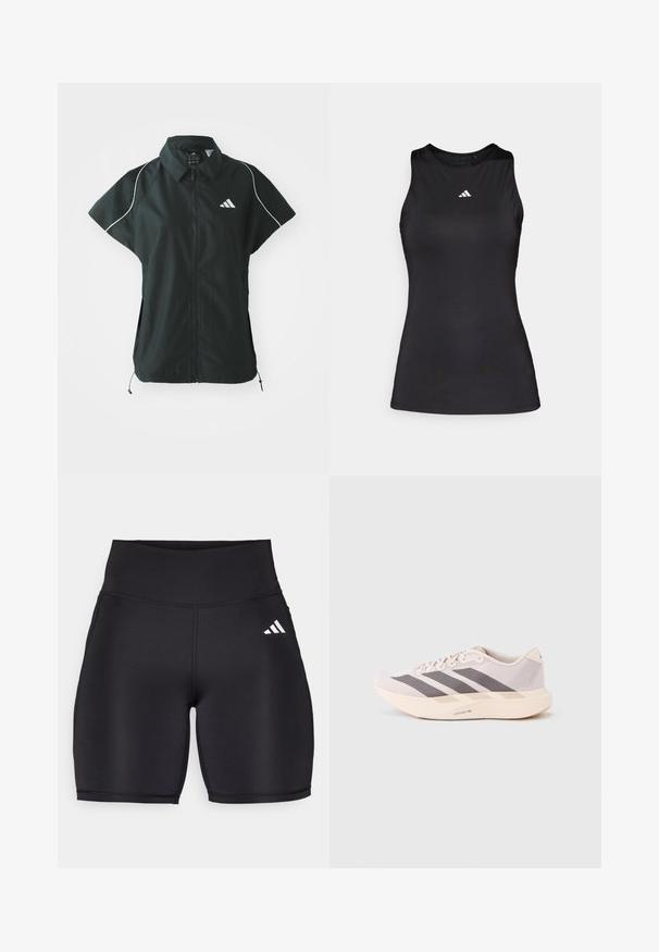 adidas Sportswear STADIUM COVER - Vesta - black/off-white; Čierny bezrúškový športový top z hladkej látky. Disponuje okrúhlym výstrihom a malým bielym logom Adidas na hrudi.; Čierne športové šortky vyrobené z elastickej látky, s vysokým pásom, hladkou textúrou a bielym logom s tromi pruhmi na boku.; Ľahké športové tenisky v bledoružovej a šedej farbe, s priedušným sieťovaným zvrškom, troma tmavými pásmi a hrubou krémovou podrážkou označenou "LIGHTSTRIKE PRO".