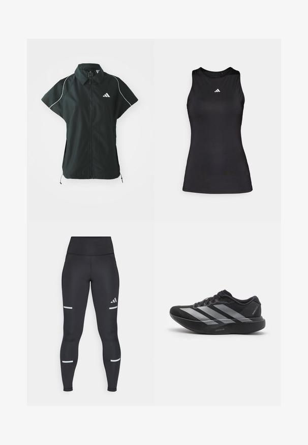 adidas Sportswear STADIUM COVER - Bodywarmer - black/off-white; Zwart mouwloos sporttop gemaakt van gladde stof. Heeft een ronde halslijn en een klein wit Adidas-logo op de borst.; Zwarte leggings met een hoge tailleband, gemaakt van een soepele stof. Bevat witte reflecterende strepen nabij de knieën en een Adidas-logo.; Zwarte hardloopschoen met zilveren strepen, dikke gedempte zool met het label "Lightstrike Pro," zijaanzicht op witte achtergrond.