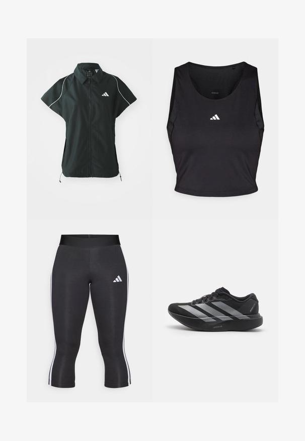 adidas Sportswear STADIUM COVER - Vesta - black/off-white; Čierny športový crop top vyrobený z látky odvádzajúcej vlhkosť, s okrúhlym výstrihom, bez rukávov a bielym logom na hrudníku.; Čierne capri legíny s širokým pásom, so bielymi bočnými pruhmi a bielym logom Adidas na ľavom stehne. Hladká textúra.; Čierne bežecké topánky so striebornými pruhmi, s hrubou polstrovanou podrážkou označenou "Lightstrike Pro," bočný pohľad na bielom pozadí.