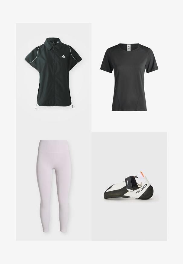 adidas Sportswear STADIUM COVER - Weste - black/off-white; Schwarzes, kurzärmliges Sportshirt mit rundem Ausschnitt und figurbetontem Schnitt, das dezente Nahtdetails auf der Vorderseite und ein kleines Stoffetikett im Krageninneren aufweist.; Hellrosa gerippte Leggings mit hoher Taille und glattem, nahtlosem Design vor weißem Hintergrund.; Kletterschuh mit einem eleganten Design in Weiß und Schwarz. Verfügt über eine spitze Zehenpartie, einen verstellbaren Riemen, eine strahlend gummiartige Sohle und orangefarbene Akzente.