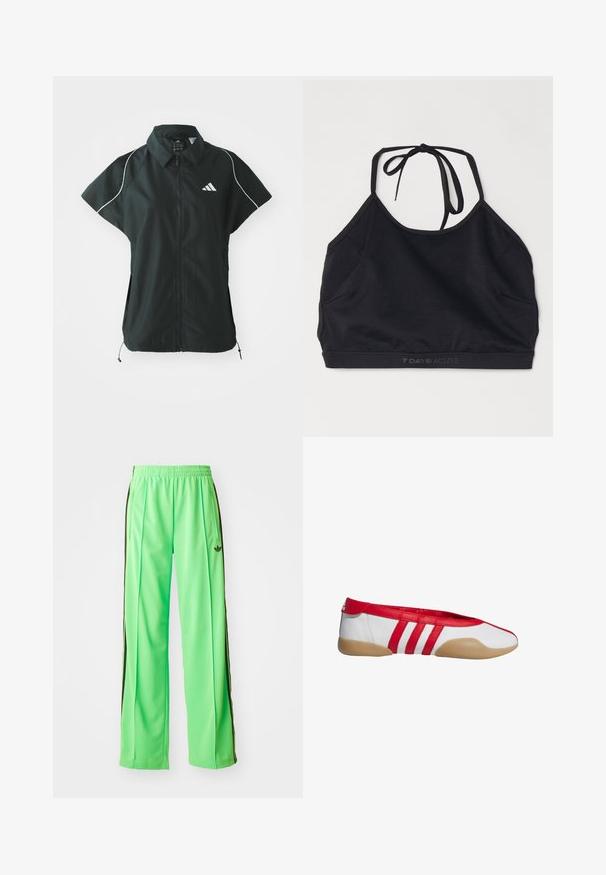 adidas Sportswear STADIUM COVER - Weste - black/off-white; Schwarzes sportliches Crop-Top aus dehnbarem Stoff. Verfügt über ein Bindeband-Design, einen Rundhalsausschnitt und ein dezentes Logo am Saum.; Grüne Sporthose aus glattem, leichtem Material, mit schwarzen Seitestreifen und einem gestickten Logo auf der Vorderseite.; Roter und weißer Ballerina mit abgerundetem Zehenbereich, aus glattem synthetischem Material gefertigt. Verfügt über drei rote Streifen und eine beige Gummisohle.