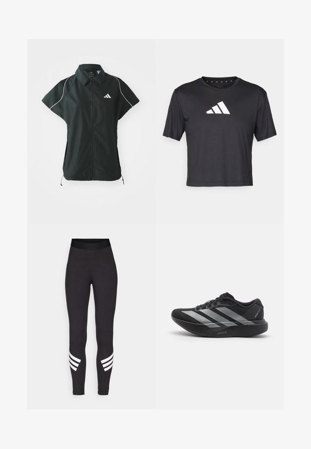 adidas Sportswear STADIUM COVER - Weste - black/off-white; Schwarzes kurz geschnittenes T-Shirt aus glattem Material, mit einem weißen Adidas-Logo auf der Brust, runder Ausschnitt und kurzen Ärmeln.; Schwarze Leggings aus dehnbarem Stoff, mit einem breiten Bund und drei weißen horizontalen Streifen in der Nähe der Unterschenkel.; Schwarzer Laufschuh mit silbernen Streifen, dicke gepolsterte Sohle beschriftet "Lightstrike Pro", Seitenansicht auf weißem Hintergrund.