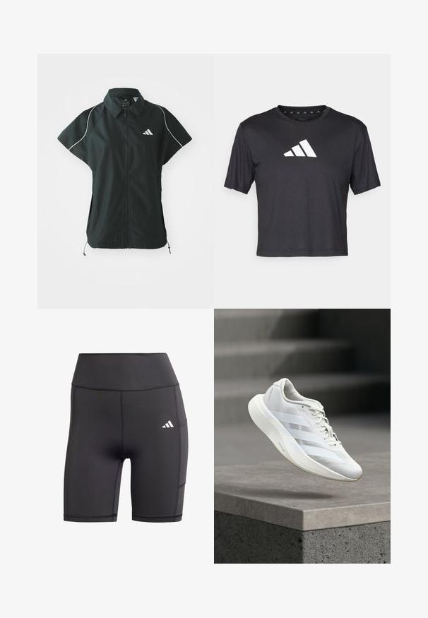adidas Sportswear STADIUM COVER - Vesta - black/off-white; Čierne skrátené tričko z hladkej tkaniny, s bielym logom Adidas na hrudi, okrúhlym výstrihom a krátkymi rukávmi.; Čierne športové šortky vyrobené z pružného materiálu, s vysokým pásom, plochými švami a bielym logom na ľavom boku.; Biela športová obuv s textúrovaným zvrškom, tromi bočnými pruhmi, odpruženou podrážkou a zaoblenou špičkou, umiestnená nad betónovým povrchom.