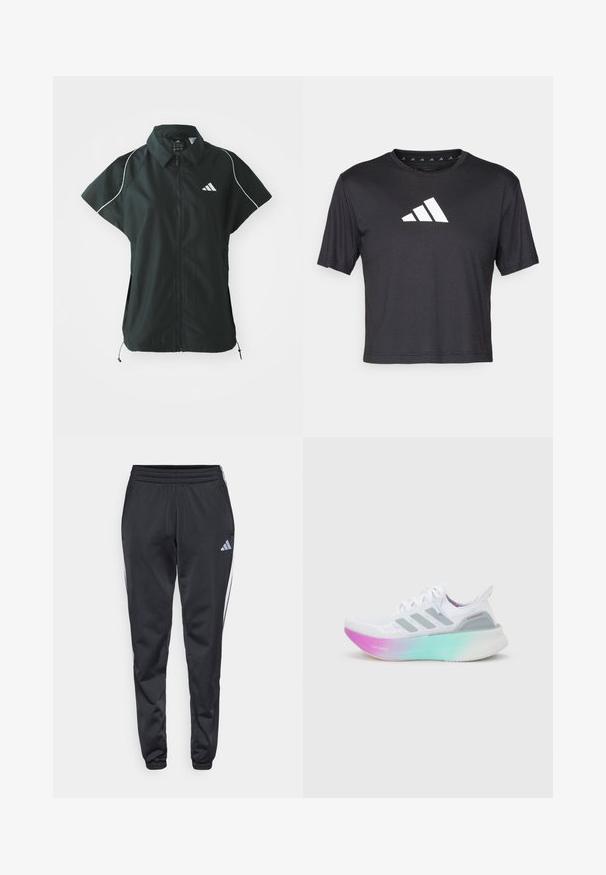 adidas Sportswear STADIUM COVER - Vesta - black/off-white; Čierne skrátené tričko z hladkej tkaniny, s bielym logom Adidas na hrudi, okrúhlym výstrihom a krátkymi rukávmi.; Čierne športové nohavice s elastickým pásom, zúženými nohavicami a bielymi bočnými pruhmi. Na ľavom stehne je malé šedé logo trefoil.; Biela bežecká obuv Adidas so sivými pruhmi a hrubou podrážkou prechádzajúcou z ružovej do zelenej, obsahujúca nápisy "Lightboost" a "Ultraboost".
