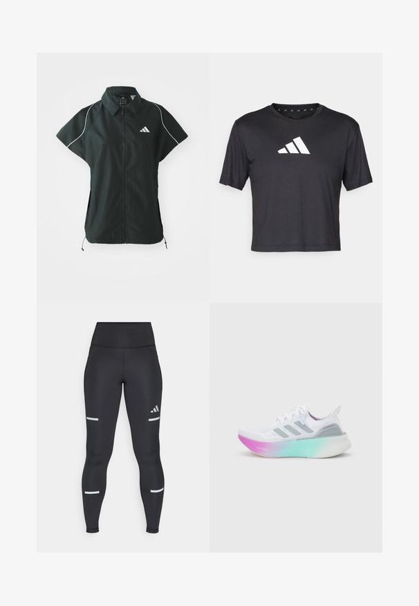 adidas Sportswear STADIUM COVER - Chaleco - black/off-white; Camiseta negra cropped de tejido suave, presenta un logo blanco de Adidas en el pecho, cuello redondo y mangas cortas.; Leggings negros con una cinturilla alta, hechos de material suave. Presentan rayas reflectantes blancas cerca de las rodillas y un logo de Adidas.; Zapatilla de running blanca de Adidas con rayas grises y una suela gruesa que cambia de color de rosa a verde, con texto "Lightboost" y "Ultraboost".