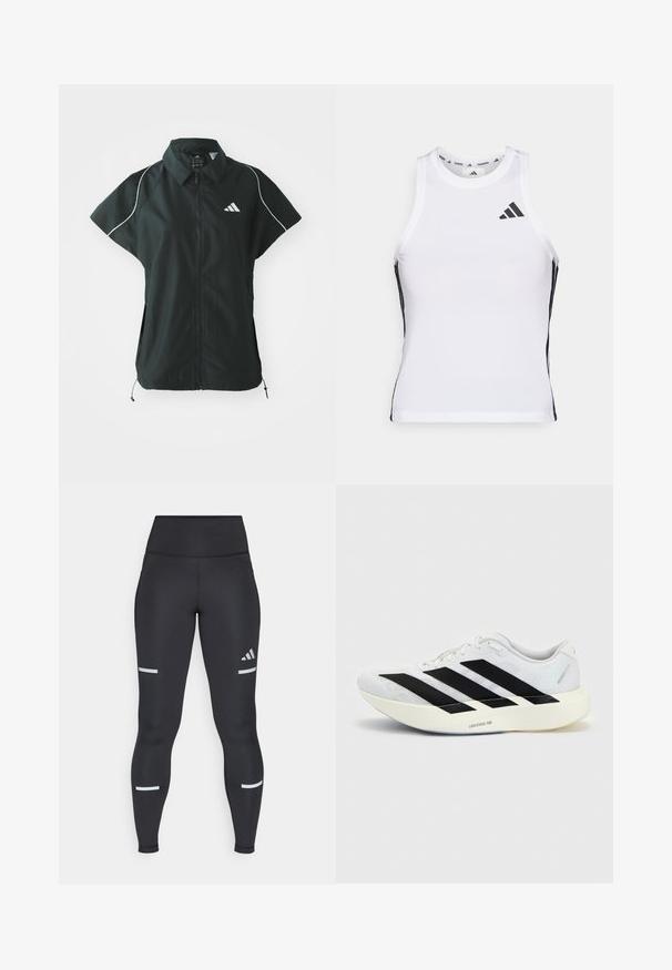 adidas Sportswear STADIUM COVER - Vesta - black/off-white; Biely športový tielko s čiernymi bočnými akcentami a logom. Má výstrih v tvare lode a priliehavý strih, vyrobené z ľahkého, priedušného materiálu.; Čierne legíny s vysokým pásom, vyrobené z hladkého materiálu. Obsahujú biele reflexné pruhy v oblasti kolien a logo Adidas.; Biela bežecká topánka s čiernym dizajnom so tromi pruhmi na boku a hrubou bielou podrážkou označenou "Lightstrike Pro" na jednofarebnom pozadí.