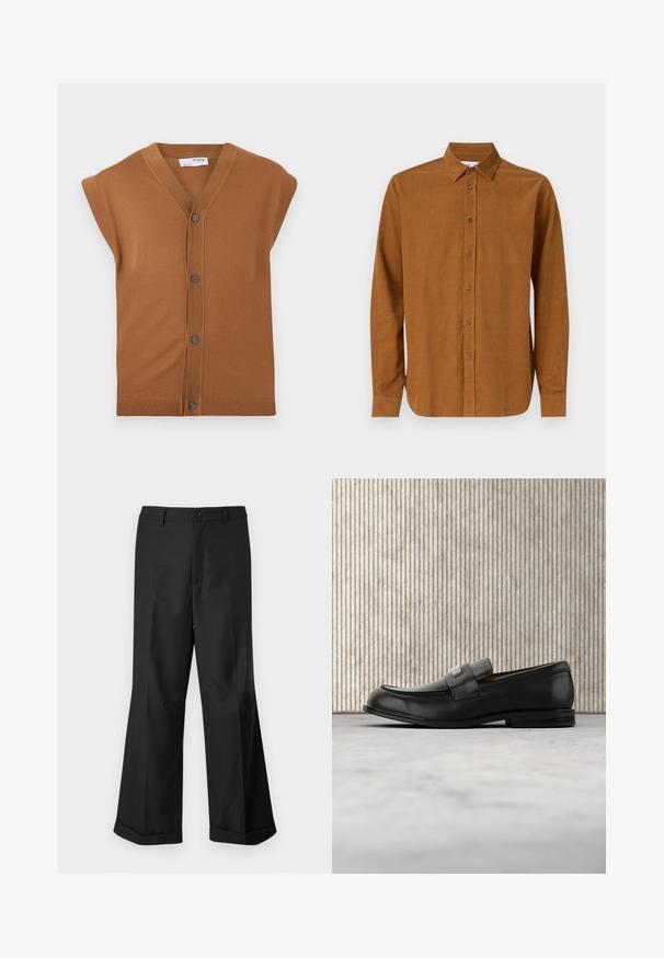 Brun strikket ærmeløs cardigan med V-hals, fem knapper og ribbet kant. Blød tekstur, afslappet design der er velegnet til lag-på-lag.; Brun langærmet skjorte med knapper lavet af glat stof, med en klassisk krave og syv frontknapper, samt lige manchetter.; Sorte vide benbukser med knappet talje og opslåede ben, præsenteret mod en ensfarvet hvid baggrund.; Sort læderloafer med metalbrandskilt hvilende nær et brunt rundt bord på beige tæppe.