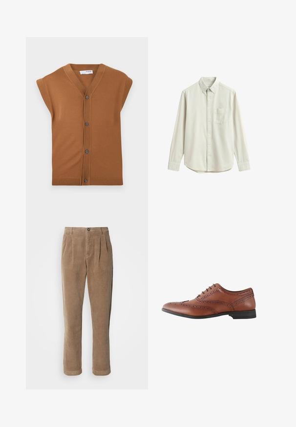 Brun strikket ærmeløs cardigan med V-hals, fem knapper og ribbet kant. Blød tekstur, afslappet design der er velegnet til lag-på-lag.; Beige skjorte med lange ærmer, knapper foran, en brystlomme foran og klassisk krave, vist fladt på en hvid baggrund.; Brune fløjlsbukser med høj talje, der har frontfolder, knaplukning og lige ben. Den strukturerede stof er synlig.; Brun læder herre brogue-sko med dekorative perforeringer og sort sål, vist fra siden.